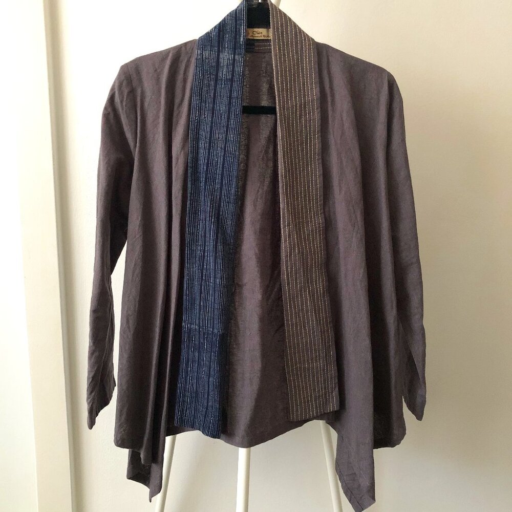 CHIE HANDMADE LINEN OPEN KIMONO JACKET GRAY NAVY MADE IN VIETNAM L NWOT